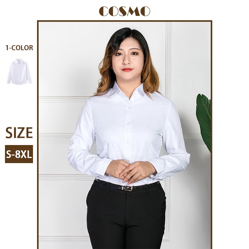 Cosmo Áo Sơ Mi Trắng Tay Dài Cài Nút Size S-8XL Thời Trang Công Sở Cho Nữ
