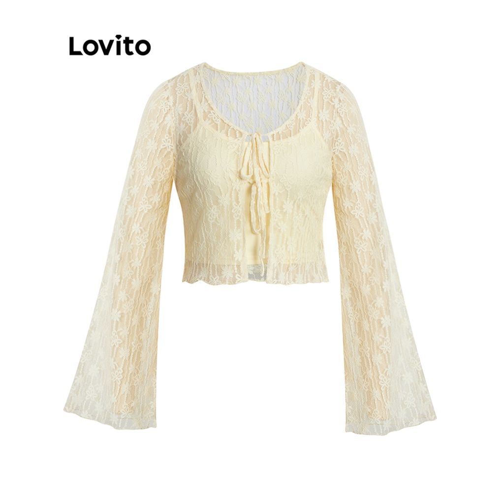 Set áo Lovito tay dài thắt nơ phối ren họa tiết hoa cơ bản cho nữ L47ED159 (màu mơ)