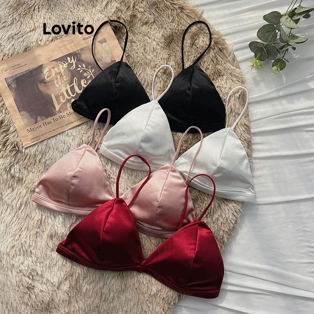 Áo ngực Lovito cổ V dây mảnh có thể điều chỉnh bằng satin màu trơn thường ngày cho nữ L50AD045 (Nhiều màu)