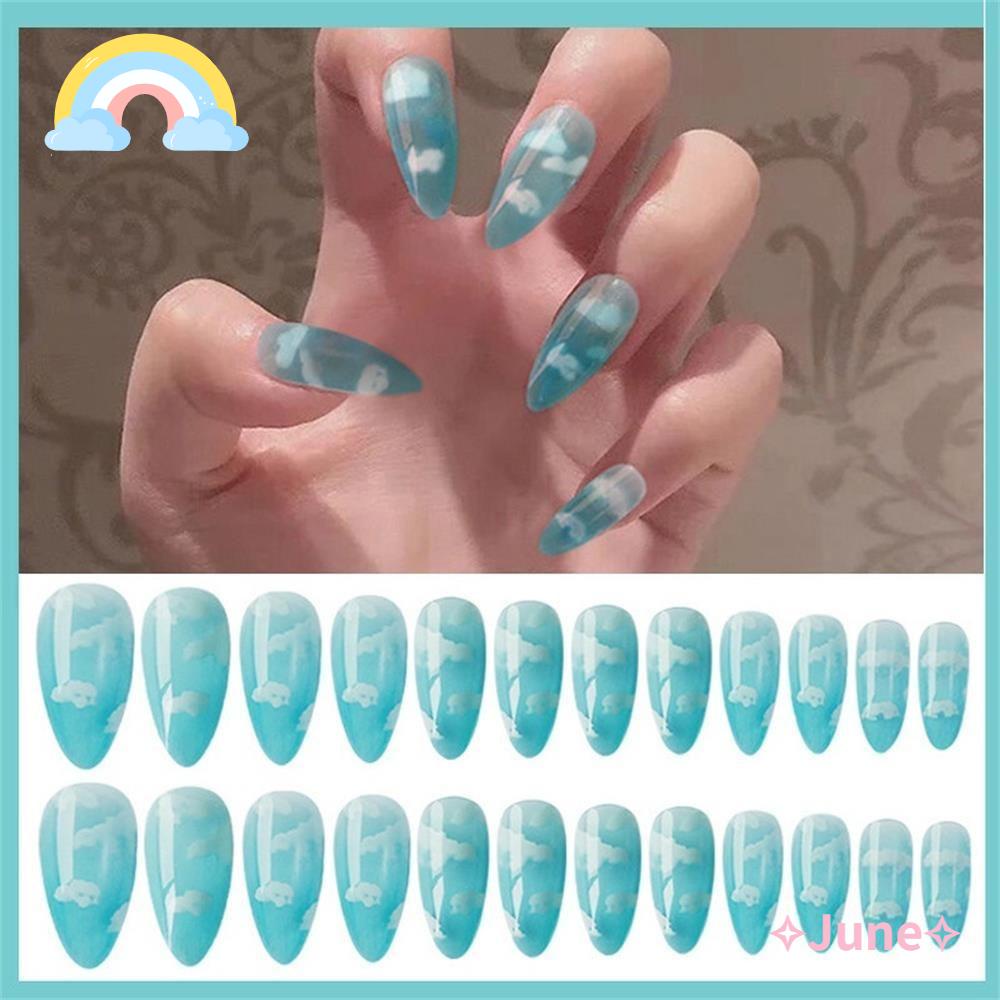 Bộ 24 móng tay giả màu xanh dương hình đám mây có keo dán