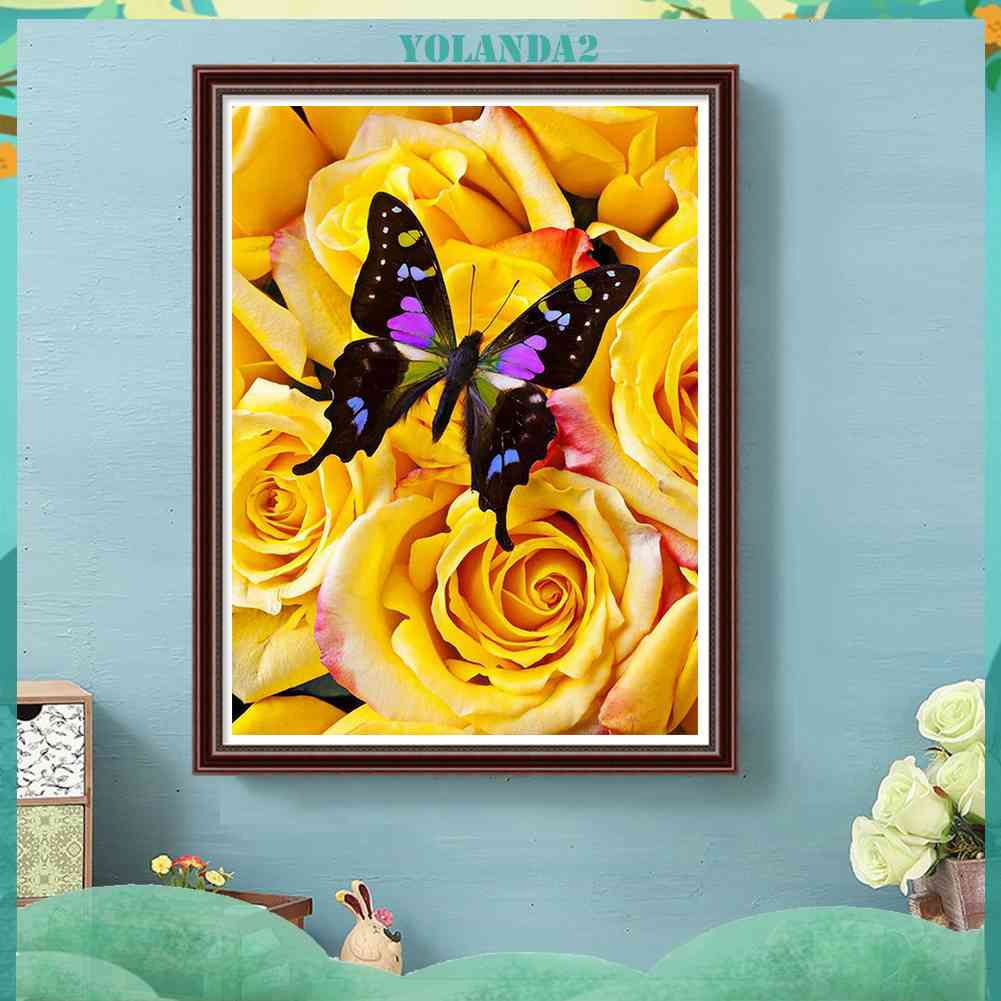 Bộ Tranh Đính Đá 5D Tự Làm Toàn Diện Hình Bướm Và Hoa Hồng Vàng Trang Trí Tường