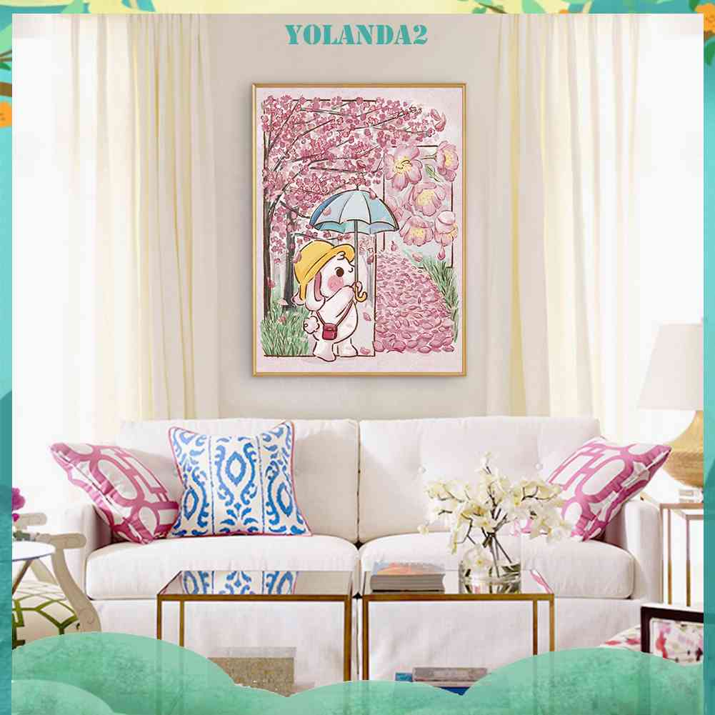 Tranh Đính Đá 5D Tự Làm Hình Thỏ Dưới Cây Anh Đào Hoạt Hình