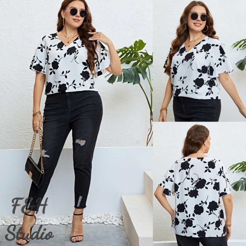 Áo Kiểu Dáng Rộng Cổ Chữ V Plus Size Phong Cách Dành Cho Nữ F & H 3347- XL-4XL