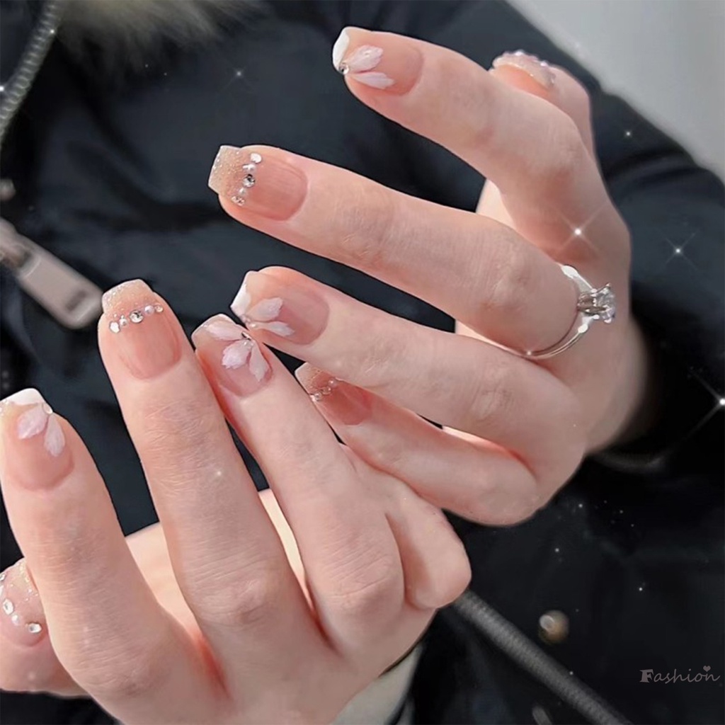 Bộ Móng Tay Giả Hình Vuông Che Phủ Toàn Diện Màu Nude Kèm Kim Cương Giả