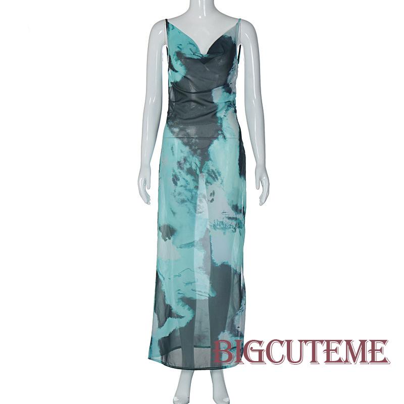 Đầm Dài Chiffon Sát Nách Hở Lưng Cổ Chữ V Họa Tiết Màu Nhuộm Thời Trang Mùa Hè Cho Nữ