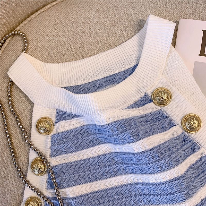 New French-style striped knitted shirt for girls sleeveless camisole slim-fit hot girl top