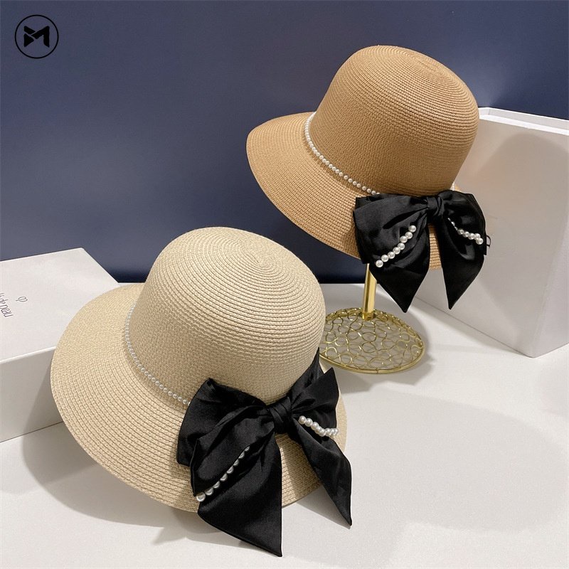 Mũ Cói Rộng Vành Chống Nắng Thắt Nơ Đính Ngọc Trai Phong Cách Pháp Hàng Mới 2023 Dành Cho Bạn Nữ Đi Biển