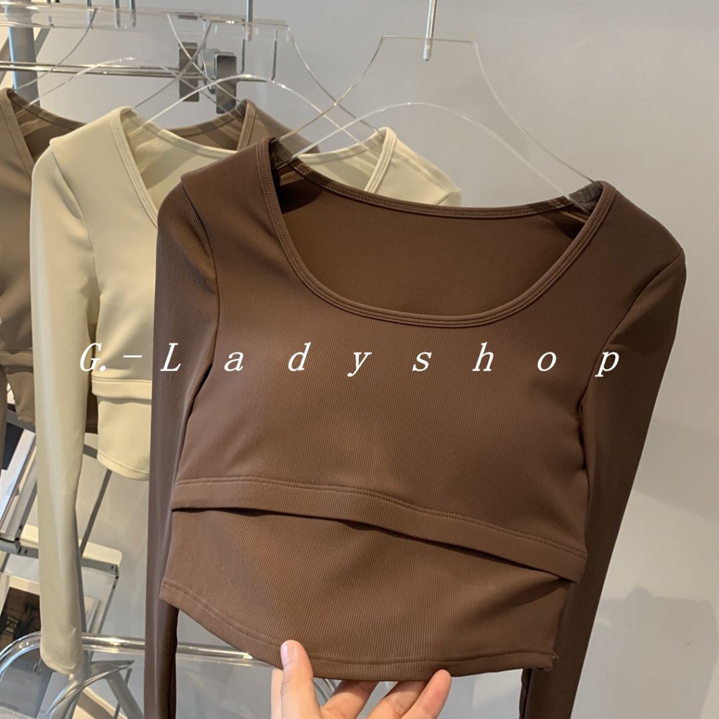 Áo Thun Thể Thao Yoga Tay Dài Màu Trà Sữa Nhạt Phong Cách Âu Mỹ Có Đệm Ngực