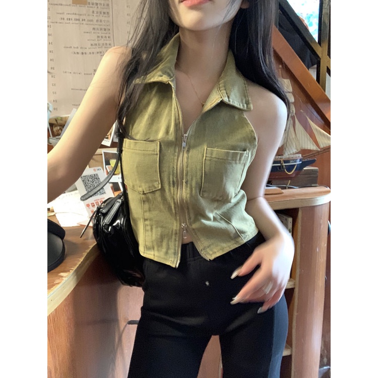 Áo baby tee Thun croptop Denim Không Tay Cổ polo Lưng Ngắn Phối Khóa Kéo Thời Trang Dành Cho Nữ