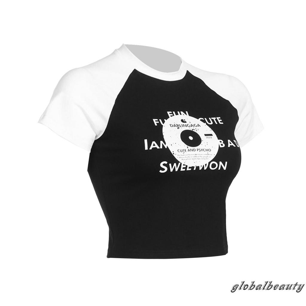 Áo Thun Croptop Tay Ngắn Màu Sắc Tương Phản In Chữ Phong Cách Đường Phố Thời Trang Mùa Hè Cho Nữ