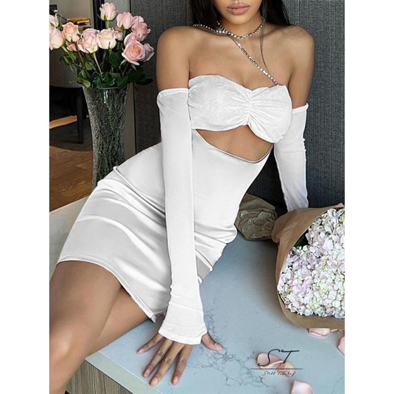 Đầm Ngắn Dáng Ôm Tay Dài Màu Trơn Hở Vai Thời Trang Mùa Hè CY03