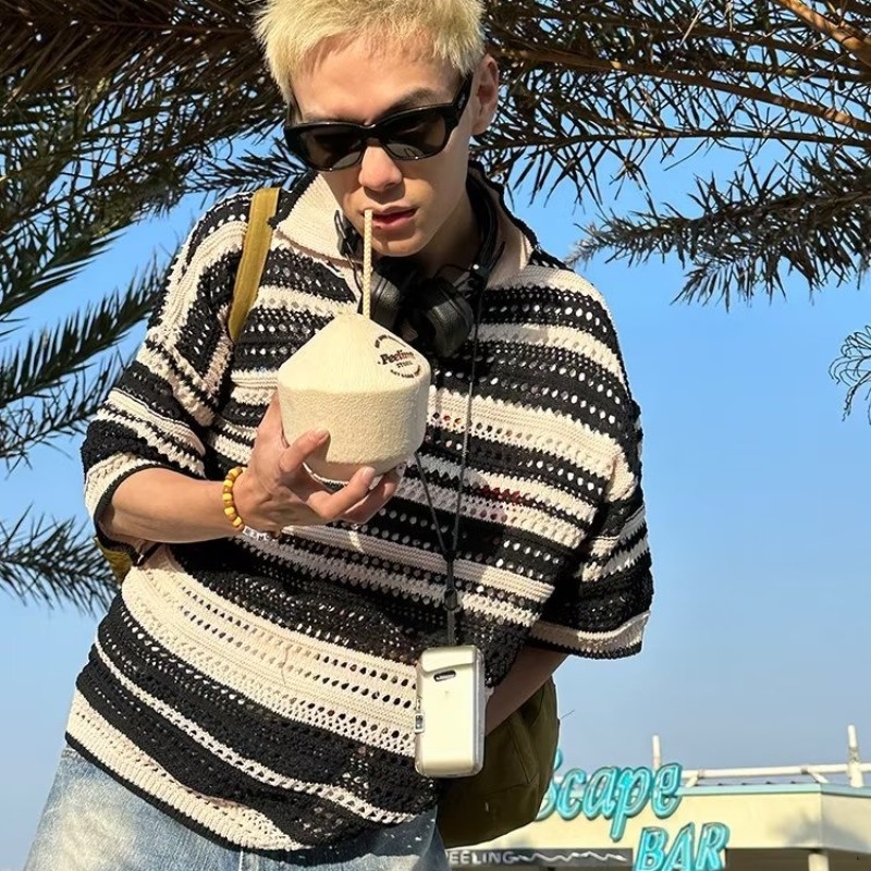 Áo Len Dệt Kim Dáng Rộng Họa Tiết Kẻ Sọc Màu Sắc retro Thời Trang Mùa Hè Cho Nam