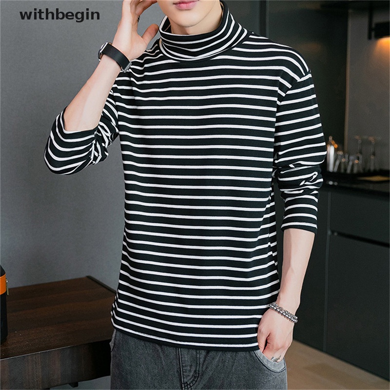 Áo Thun Dài Tay Cổ Lọ Họa Tiết Kẻ Sọc Phong Cách Đường Phố