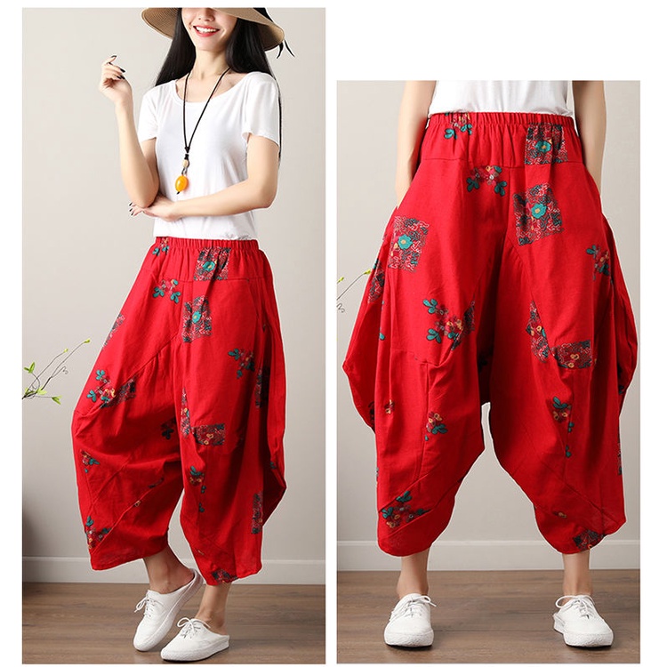 Quần Harem Cotton Lanh Ống Rộng Eo Cao In Họa Tiết Dân Tộc Phong Cách Mới Mùa Hè Dễ Phối Đồ Cho Nữ