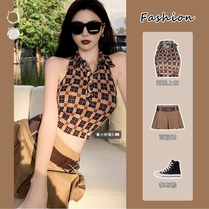 Pure Desire Hot Set Áo Cổ POLO Không Tay Váy Xếp Ly Ngọt Ngào Phong Cách Mới Mùa Hè Hợp Thời Trang Cho Nữ