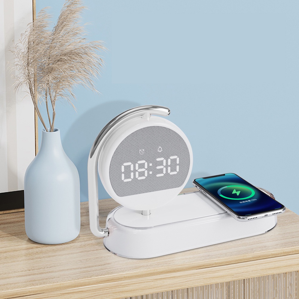 Đế Sạc Không Dây 15W 4 Trong 1 Kiêm Đồng Hồ Báo Thức Kỹ Thuật Số Cho IPhone 13 12 Xiaomi Samsung