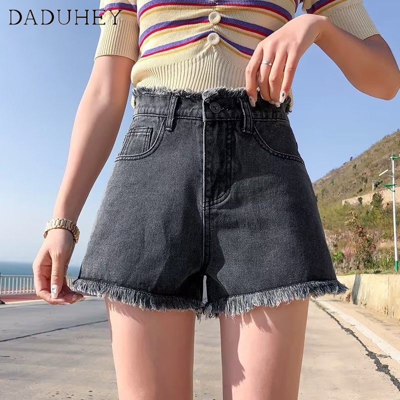 Quần short denim DADUHEY size lớn ống rộng cạp cao viền thô thời trang phong cách Hàn Quốc cho nữ