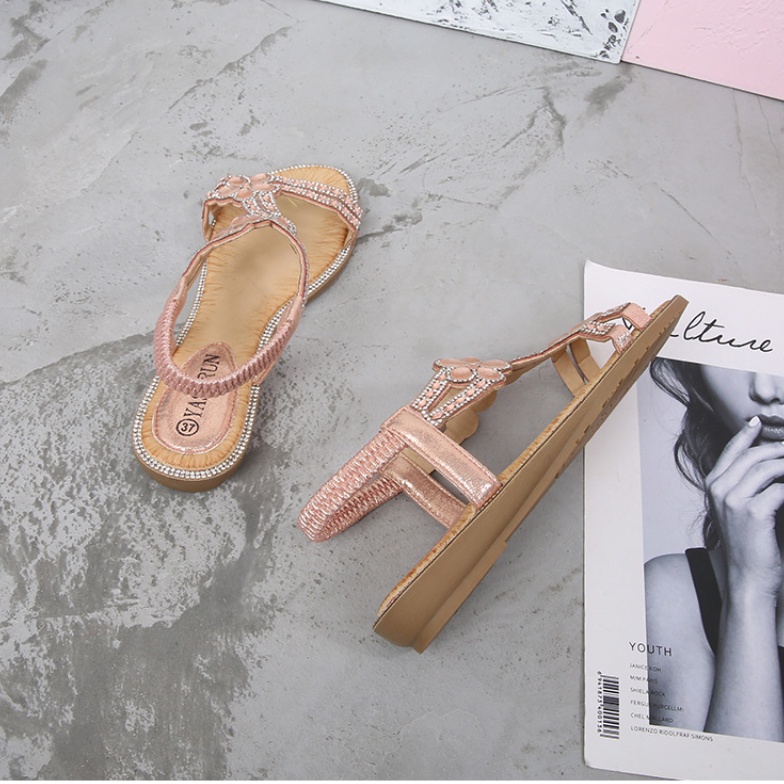 Giày Sandals Đế Bằng Đính Đá Trang Trí Phong Cách Bohemian Thời Trang Cho Nữ Có Size Lớn