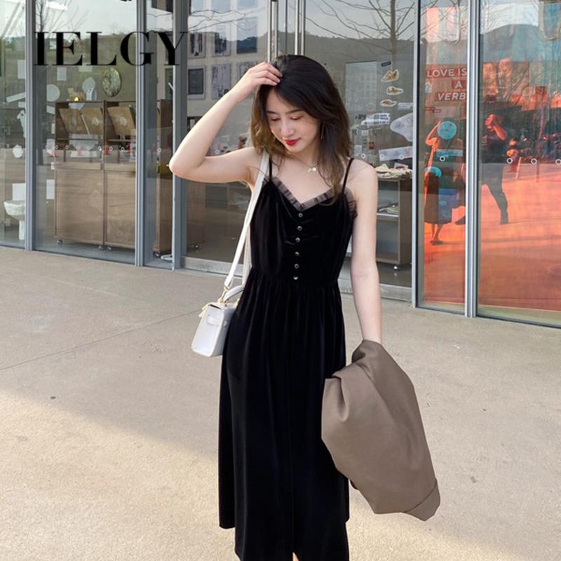 IELGY     Đầm Nhung Đen Dáng Ôm Phối Ren Thời Trang Quyến Rũ Cho Nữ