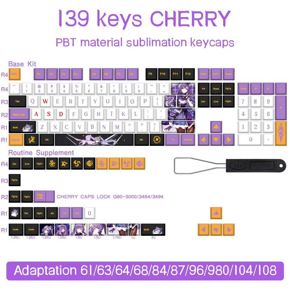 Genshin keqing Keycap Bàn Phím Cơ 139 Phím 104 / 61 / 68 / 87