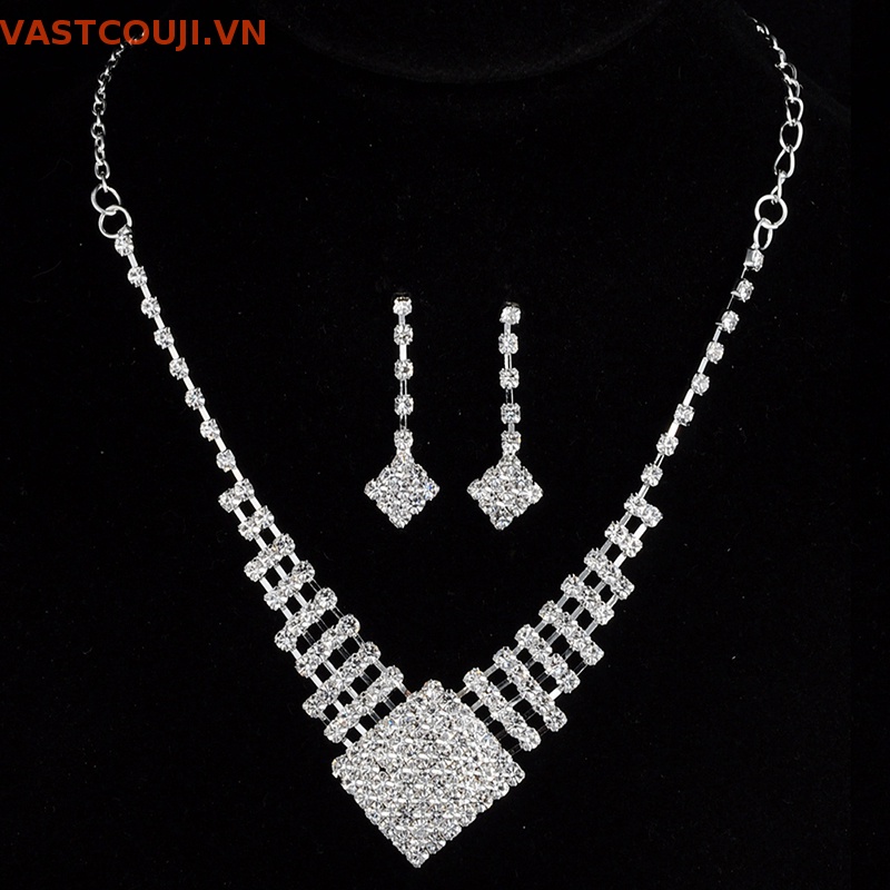 Bộ Vòng cổ + Bông Tai Mạ Bạc Đính Đá Pha Lê Cho Nữ