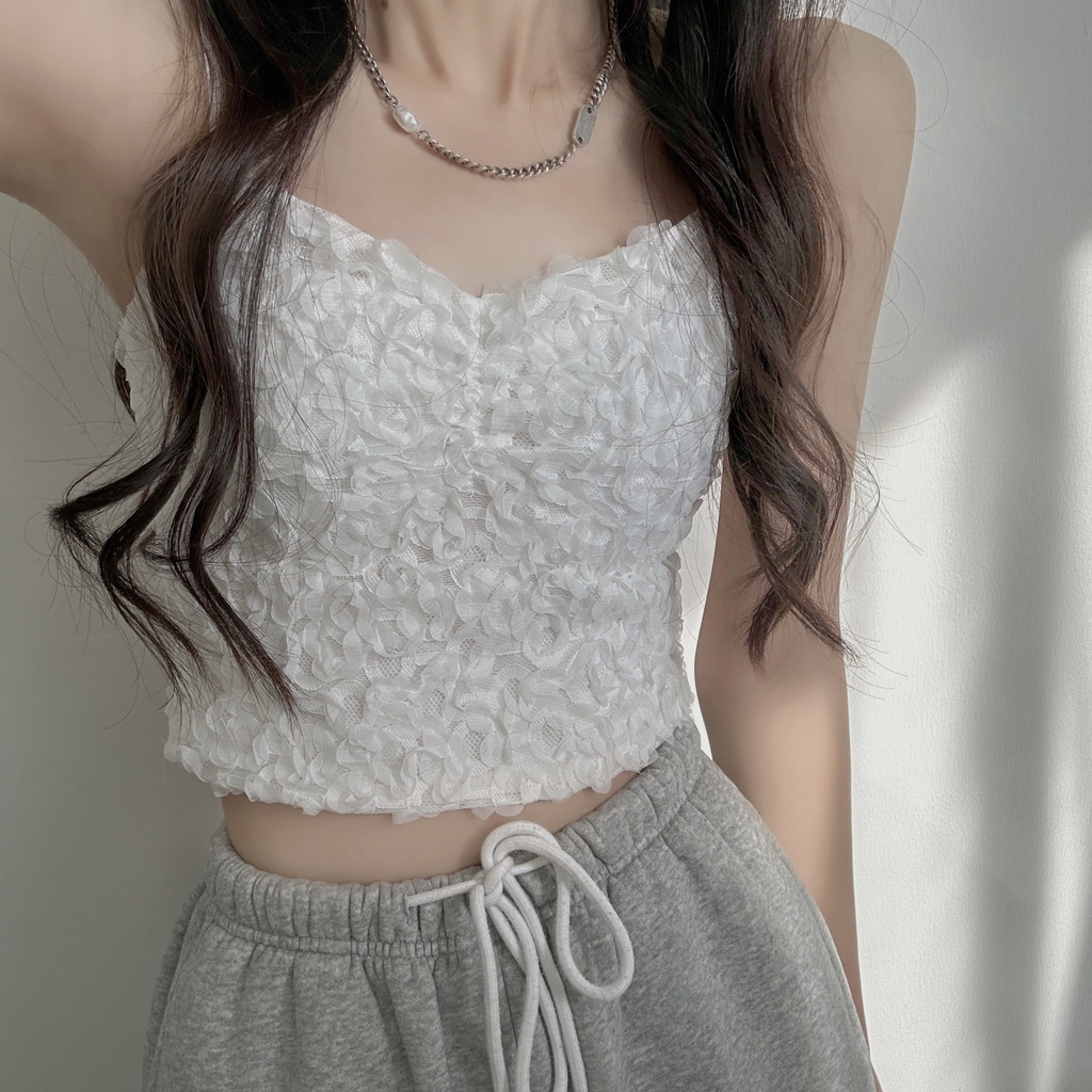 Suxi Áo Tank Top Hai Dây Màu Trơn Họa Tiết Hoa Có Đệm Ngực Cho Nữ