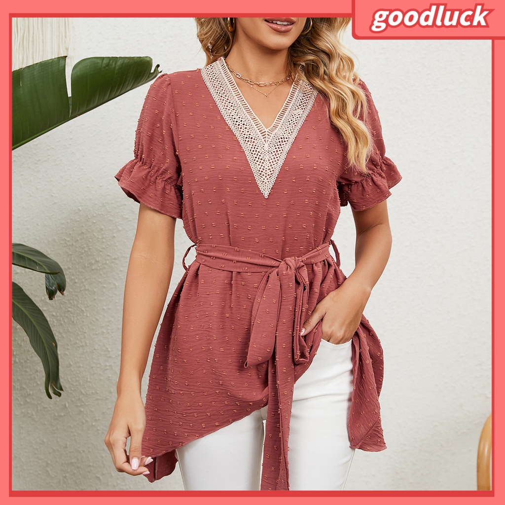 [ULK] Áo Sơ Mi Voan Viền Ren Tay Ngắn Cổ Chữ V Viền Thắt Lưng Không Đều Viền Đường Phố Cho Nữ