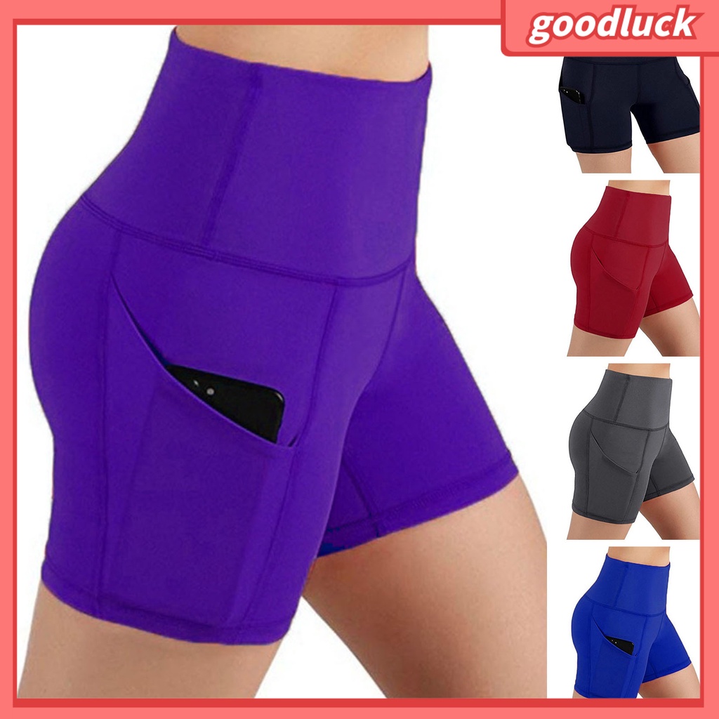 Quần Short Thể Thao Màu Trơn Lưng Cao Chống Sốc Có Túi Thời Trang Mùa Hè Cho Nữ