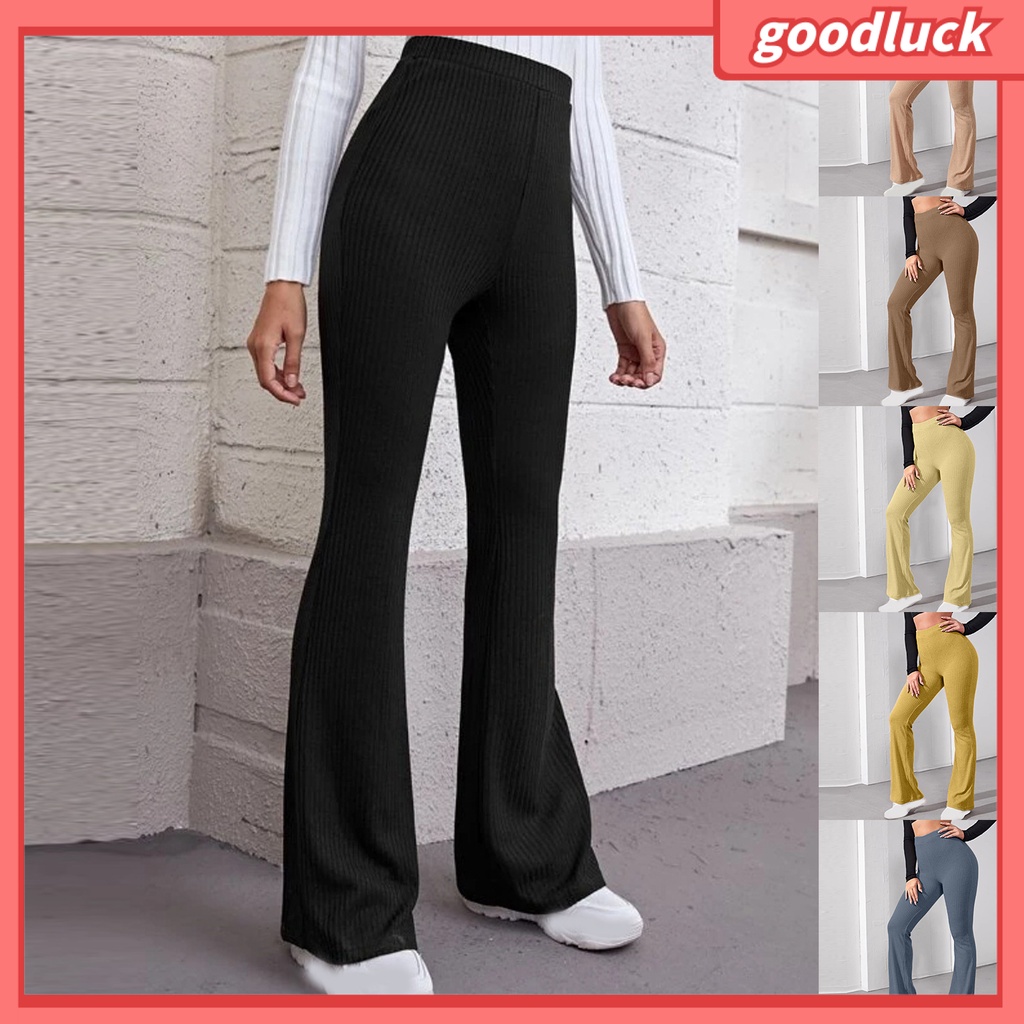 Quần Dài Dệt Kim Màu Trơn Ống Loe Lưng Cao Thời Trang Mùa Hè Cho Nữ