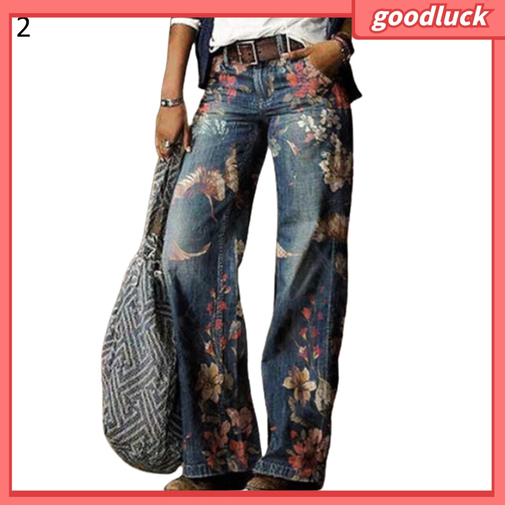 Quần Jean Dài Ống Rộng Lưng Cao In Họa Tiết Hoa Phong Cách Cổ Điển Thời Trang Cho Nữ