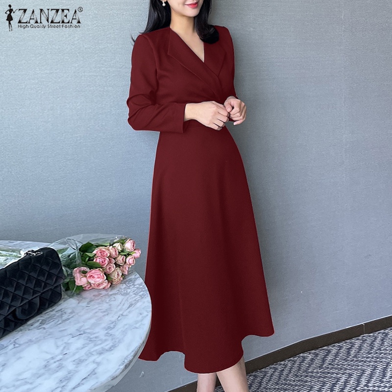 Đầm nữ ZANZEA dáng chữ A tay dài cổ bẻ thời trang phong cách Hàn Quốc