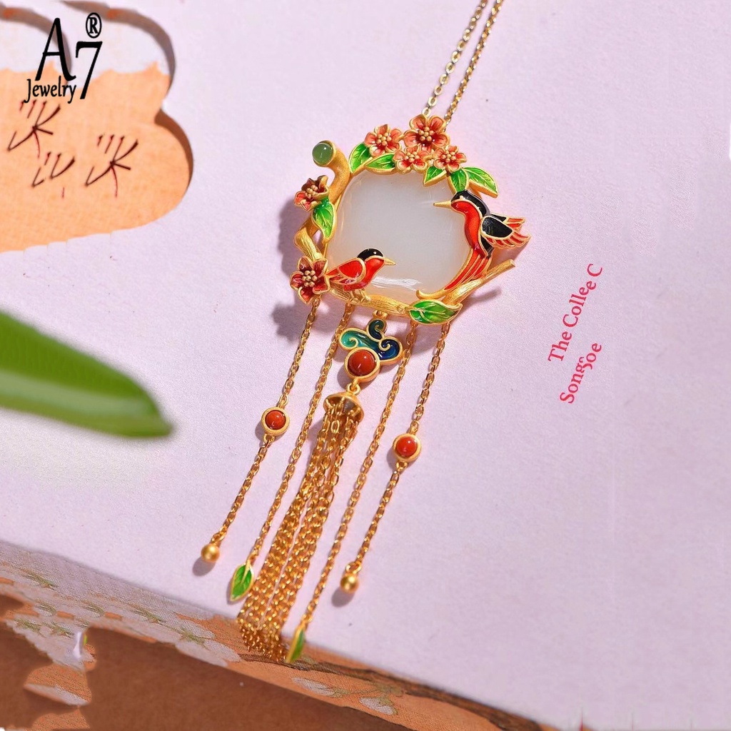 A77 | Vòng cổ Mặt Ngọc Bích Trắng Mạ Vàng Phong Cách Trung Hoa Cổ Điển Y1269