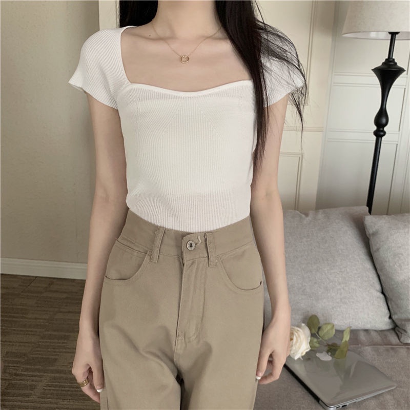 COZOK Áo Thun Dệt Kim Ngắn Tay Cổ Vuông Dáng Ôm Thời Trang Đơn Giản