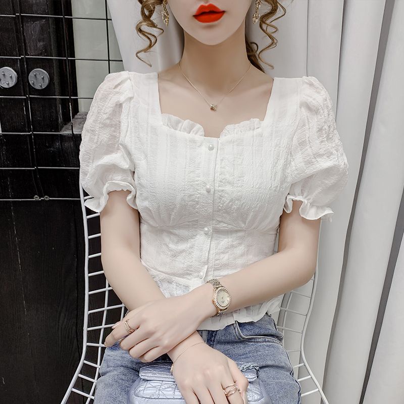 Áo Sơ Mi Chiffon Tay Ngắn Phồng Cổ Vuông Thời Trang Mùa Hè 2023 Phong Cách Pháp Mới Cho Nữ
