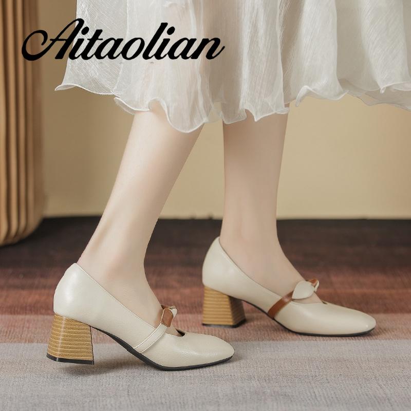 Giày Cao Gót 5cm Da Mềm Mũi Vuông Phong Cách retro Anh Quốc Cho Nữ