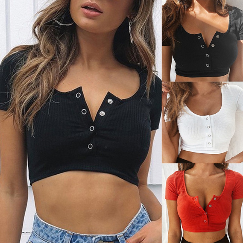 Áo Croptop Tay Ngắn Cổ Vuông Màu Sắc Đơn Giản Cho Nữ