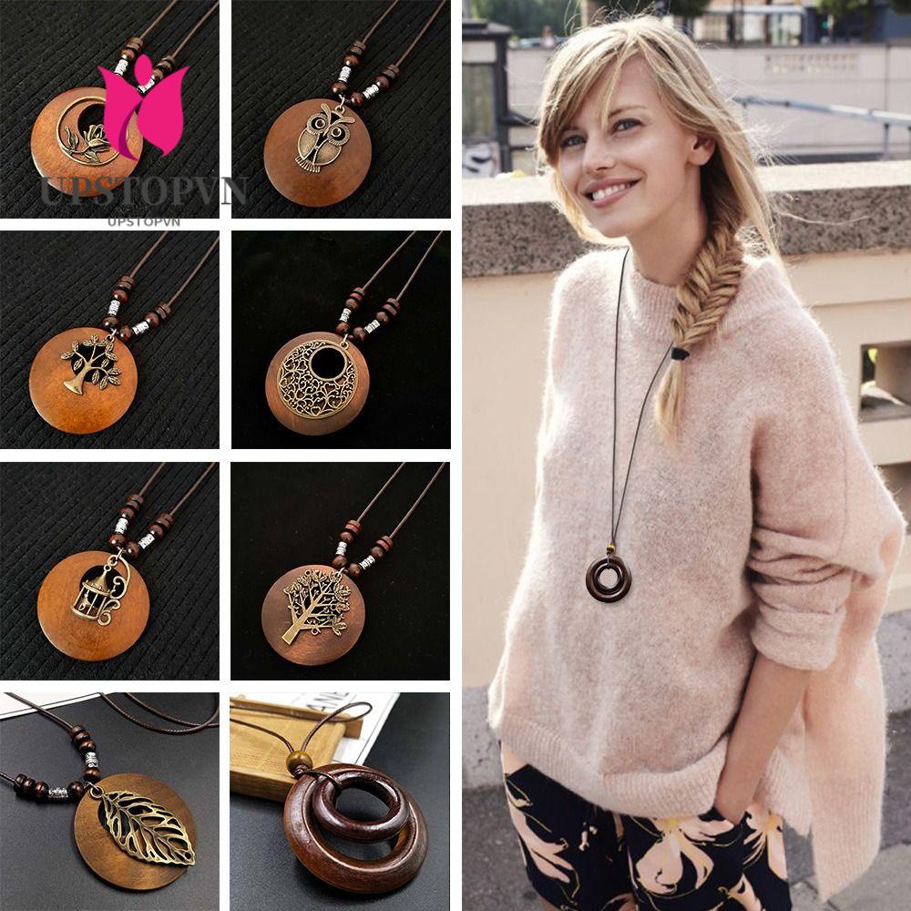 Vòng cổ Da Mặt Gỗ Phong Cách Vintage Thời Trang