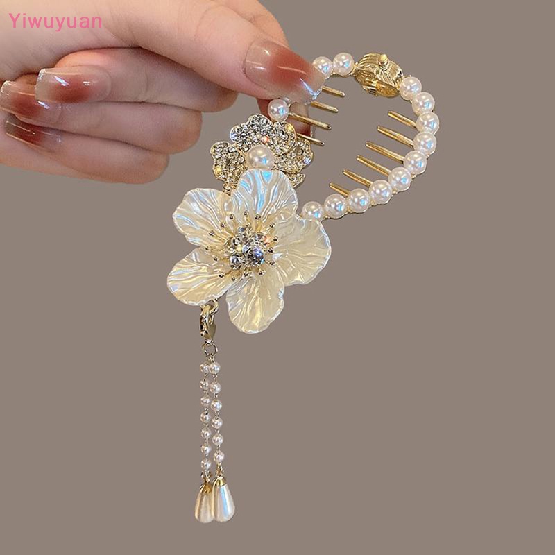 < Yiwuyuan > Kẹp Tóc Đuôi Ngựa Đính Kim Cương Giả Hình Hoa Trà Đính Ngọc Trai Thời Trang Mới Cho Nữ