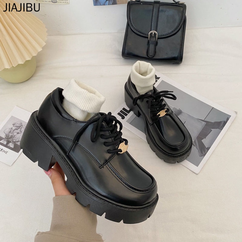 Korean Fashion Platform Leather Shoes 35-42 thước Nhật Bản JK đồng phục giày Lolita Giày nữ size lớn chất lượng cao giày Mary Jane giày buộc dây oxford Giày cao gót màu đen đi học cho bé gái tuổi teen giày da đế muffin giày búp bê dễ thương giày cosplay