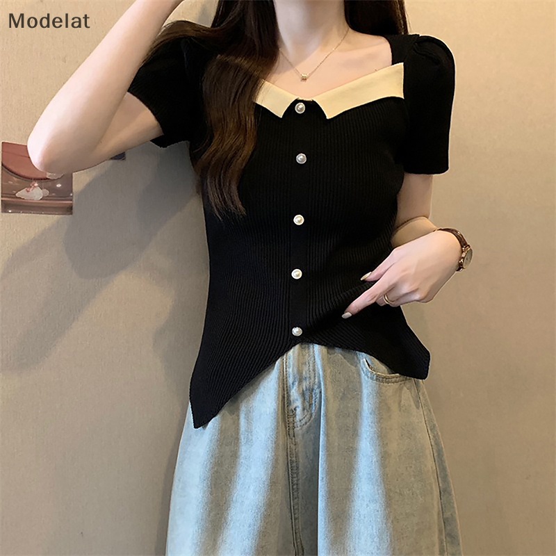 Mfc Áo Thun Dệt Kim Tay Ngắn Phồng Cổ Vuông Dáng Ôm Xẻ Tà Cài Nút Thời Trang