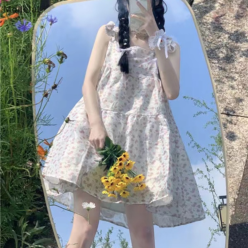 Đầm Dáng Chữ A Mùa Hè Hàn Quốc Mới 2023 Buộc Dây Họa Tiết Hoa Ngọt Ngào