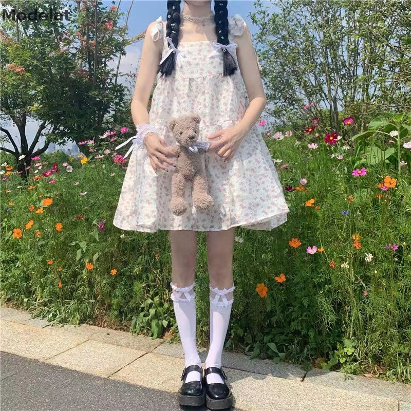 Đầm Dáng Chữ A Mùa Hè Hàn Quốc Mới 2023 Buộc Dây Họa Tiết Hoa Ngọt Ngào