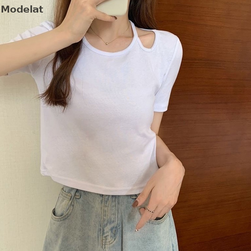Áo Croptop Trễ Vai Tay Ngắn Cổ Tròn Màu Trơn Thời Trang Mùa Hè Cho Nữ