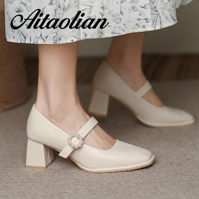 Giày Cao Gót 5Cm Da Mềm Mũi Vuông Đính Khóa Ngọc Trai Chống Trượt Phong Cách Anh Quốc