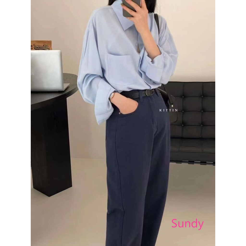 Áo Sơ Mi Tay Dài Dáng Rộng Màu Trơn Phối Túi Đơn Giản Thời Trang Mùa Hè Hàn Quốc Cho Nữ Có Size Lớn