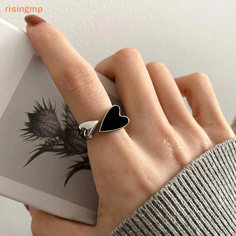Nhẫn Kim Loại Dạng Mở Hình Trái Tim Hai Màu Đen Phong Cách Punk Tối Giản Cho Nữ