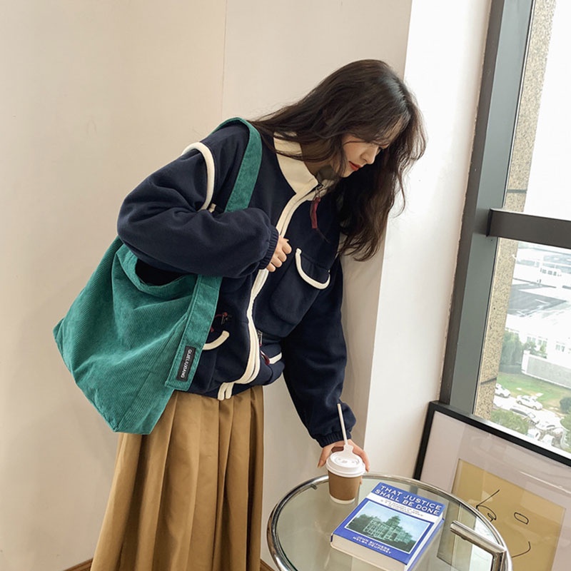 MOUSSON Túi đeo vai nữ phong cách retro nhung mùa thu dung tích lớn thời trang đơn giản dành cho sinh viên