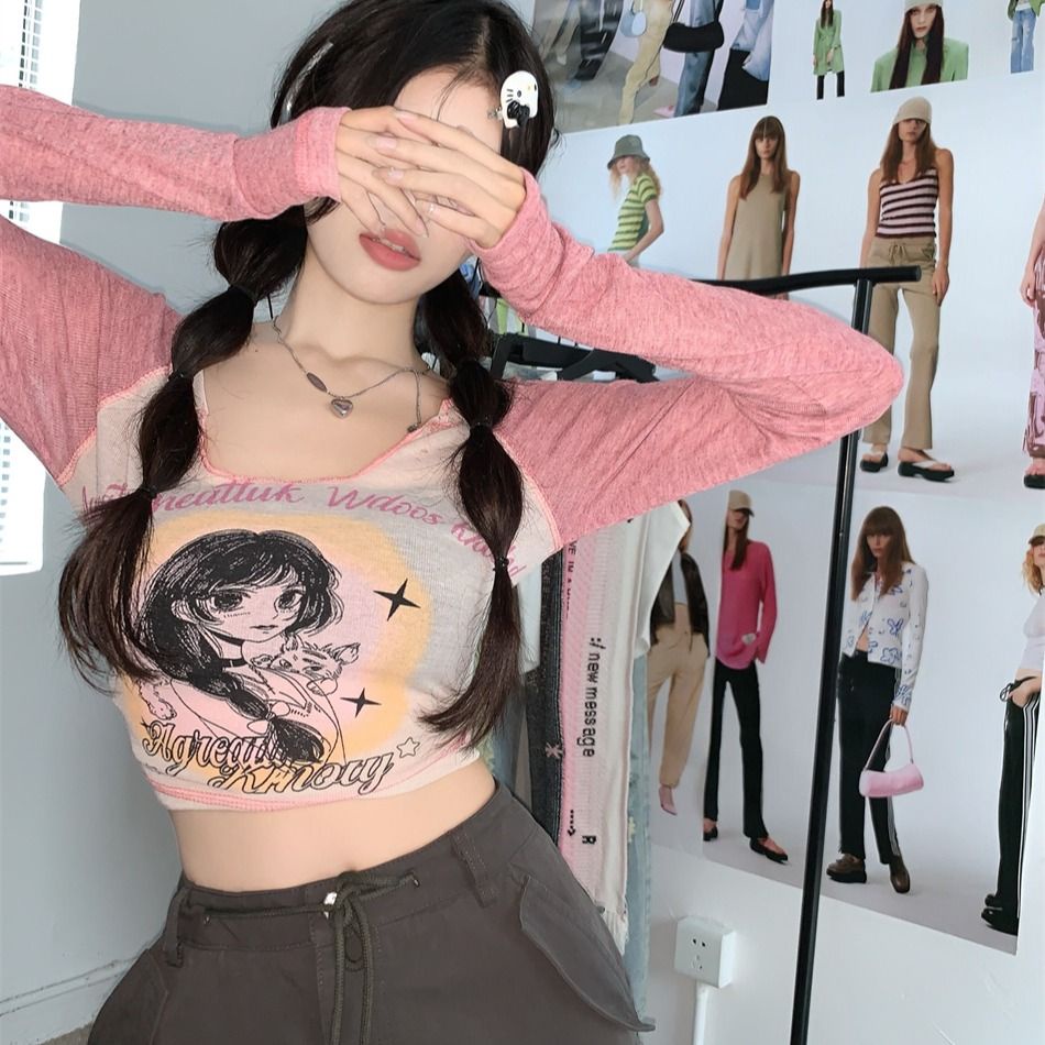 Áo baby tee Thun croptop Lửng Tay Dài Dáng Ôm Màu Sắc Tương Phản Thời Trang Cho Nữ