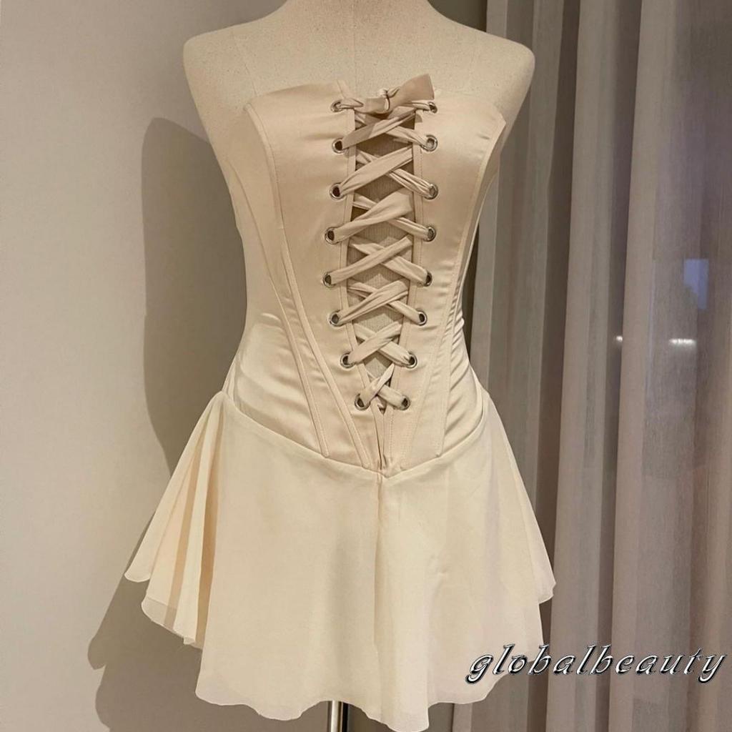 Gb-đầm Mini Dáng Chữ A Không Tay Hở Vai Màu Trơn Dây Chéo Phía Trước Phong Cách Đường Phố Câu Lạc Bộ Câu Lạc Bộ Đường Phố