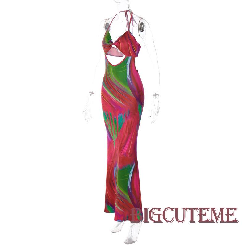 [] - Đầm Dài Hai Dây Ôm Dáng Không Tay Cắt Xẻ Họa Tiết Trừu Tượng Dự Tiệc Cho Nữ